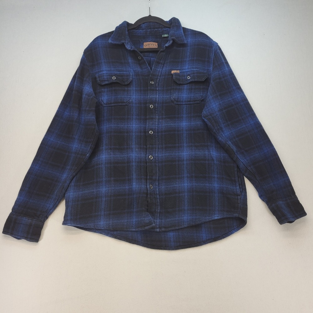 Orvis Flannel Shirt Mens L Blue Black Plaid Long Sleeve Cotton Button Up